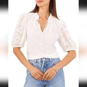 NWT Vince Camuto Falling For Florals Puff Sleeve Top Lace Ruffled New Ivory Sz M